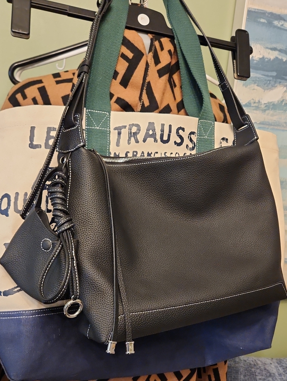 Black Leather Shoulder Bag with Contrast Stitching